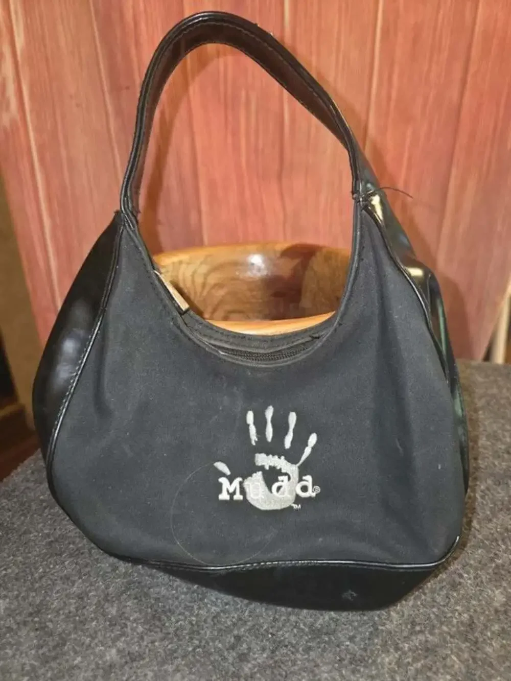 Vintage Y2K Mudd Black Nylon Shoulder Bag Embroidered Handprint Logo Small Hobo